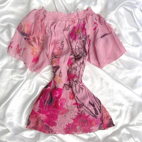 Cato Tops - Cato Woman Pink Butterfly Floral Script Smocked Off Shoulder Blouse Plus 14/16W
